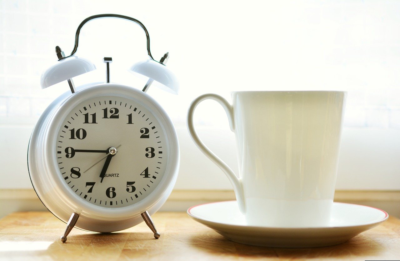 clock and coffee cup